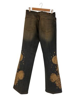 DKNY Dark Wash Embroidered Flare Jeans with Gold Floral Detail Size 10